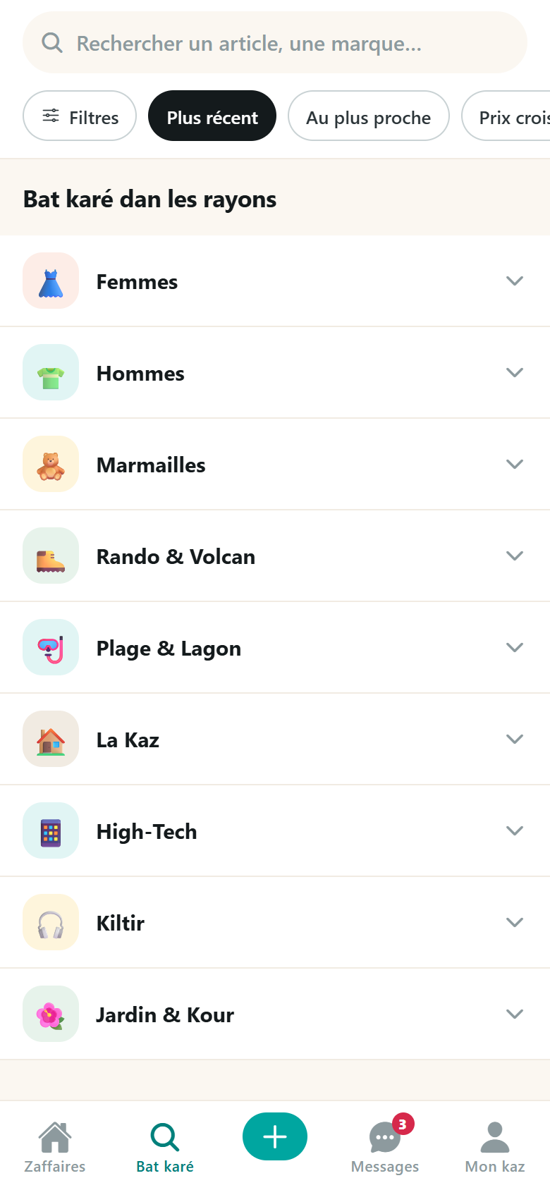Écran Bat karé : liste des rayons Femmes, Hommes, Marmailles, Rando & Volcan, Plage & Lagon, La Kaz, High-Tech, Kiltir, Jardin & Kour.