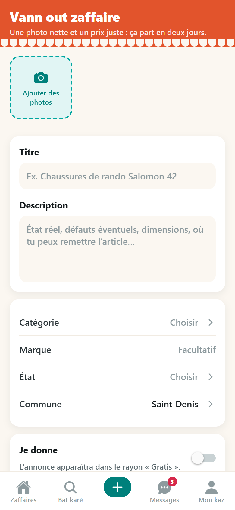 Écran Vann out zaffaire : ajout de photos, titre, description, catégorie, marque, état, commune et bascule « Je donne ».